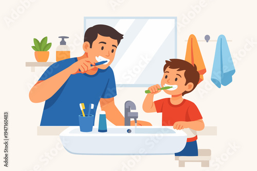 Father and son brushing teeth together in the bathroom. Flat vector illustration of a dad teaching his little boy dental hygiene routine at the sink with toothbrushes, mirror and towels.