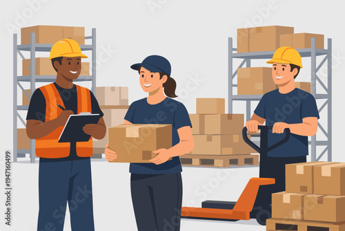 Diverse professional warehouse team working together in a distribution center with boxes, shelves, and pallet jack. Flat vector illustration of logistics staff, inventory management and shipping.