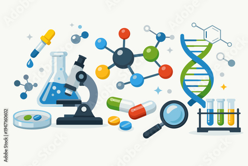 Scientific laboratory research concept with flat vector icons of microscope, DNA helix, molecular models, test tubes, and medicine capsules for pharmaceutical development and chemistry study.