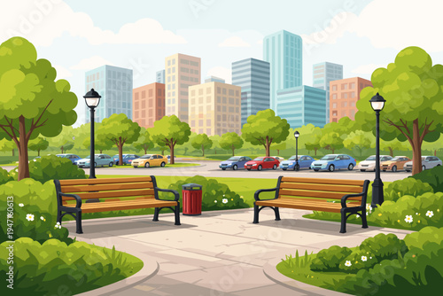 Modern urban park vector illustration with wooden benches, green trees, and flowers, set against a city skyline with skyscrapers and a parking lot with colorful cars under a bright sunny sky.