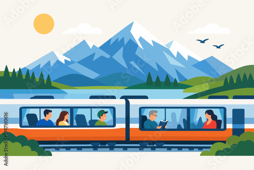 Flat vector illustration of people traveling by train through a scenic mountain landscape with snow-capped peaks and a blue lake. Passengers enjoy the view on a rail journey through nature.