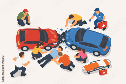 Isometric flat vector illustration of a car accident scene with a red and blue vehicle collision, bystanders helping an injured person, paramedics arriving with medical kits and a stretcher.
