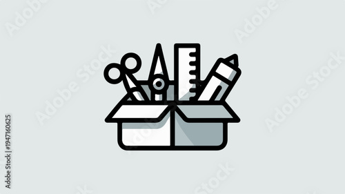 Stationery tools in an open box including scissors pencil and ruler on a plain background useful for office supplies and education concepts
