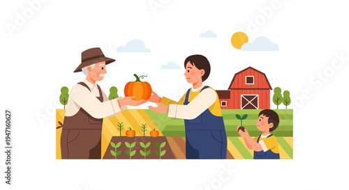 Generational Farmers Passing Pumpkin Harvest and Planting Seeds. Agriculture, Family Farming Succession Illustration.