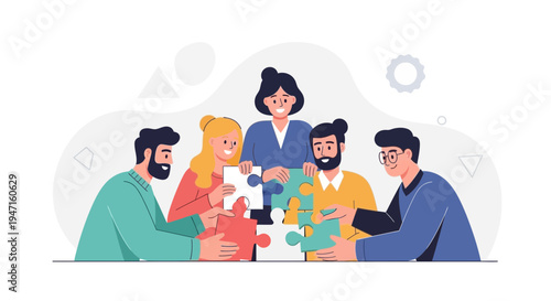 Teamwork puzzle collaboration concept, diverse people assembling jigsaw pieces, business success strategy