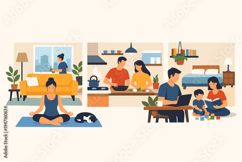 Flat Vector Illustration of People Engaging in Daily Activities at Home, Including Meditating, Cooking Together, Working on a Laptop, and Reading to a Child in a Modern Cozy Apartment Setting