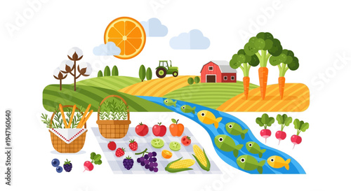 Flat Design Farm Abundance Vector Illustration: Agricultural Landscape with Harvest, Tractor, Barn, Fruits, Vegetables, and Fish