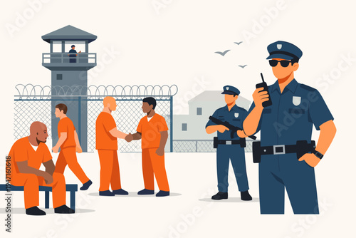 Prison Yard Scene with Inmates in Orange Jumpsuits and Armed Security Guards Keeping Watch near a Watchtower and Barbed Wire Fence, Flat Vector Illustration for Justice and Law Concepts