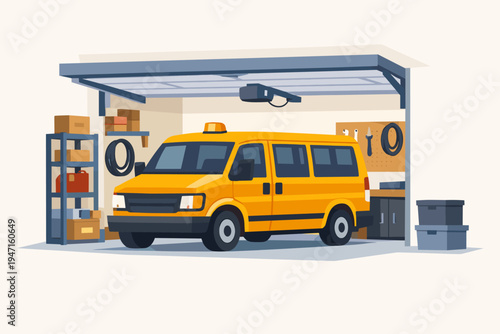 Yellow school van parked inside a clean home garage with an open door, storage shelves, boxes, and tools on a pegboard. Simple flat vector illustration of a transport vehicle in a workshop.