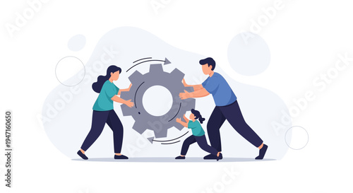 Family working together turning a gear, teamwork, collaboration, unity, business concept