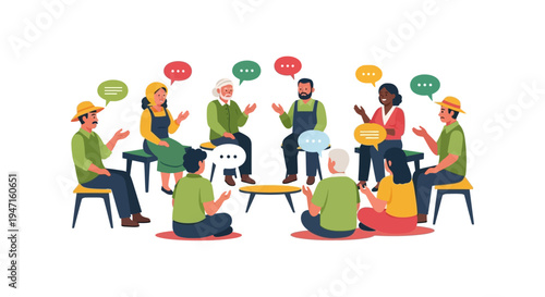 Diverse Community Dialogue: Group Meeting of Farmers and Rural Residents with Speech Bubbles on White Background
