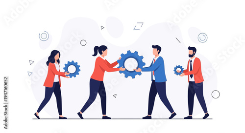Teamwork and Collaboration: People assembling gears for business success