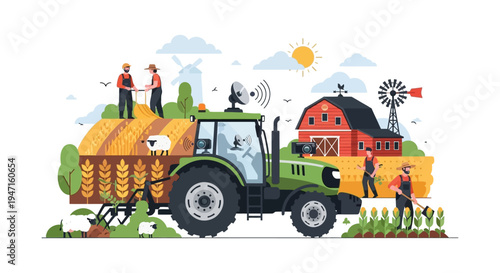 Smart Farming Concept Vector Illustration: GPS Tractor, Precision Agriculture Technology, and Farmers Working on Modernized Farm Landscape