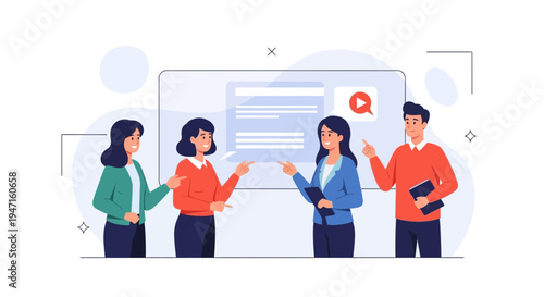 Teamwork and Collaboration: People Discussing Ideas at a Presentation Board