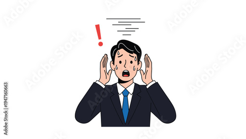Stressed businessman in a suit holding his head in panic with an exclamation mark above to represent a business crisis or problem.