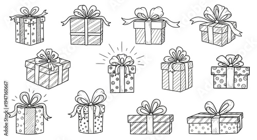 Set of Hand Drawn Gift Boxes with Ribbons and Bows