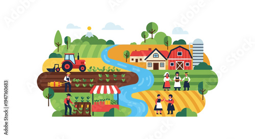 Rural Farming Community and Agriculture Scene Vector Illustration. Farmers, Tractor, Barn, River, and Local Produce Market.