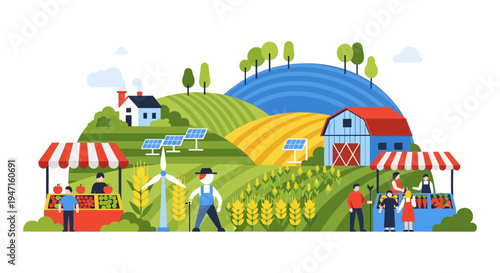 Sustainable Farming Landscape Illustration. Green Energy Farm-to-Table Scene with Solar Panels, Wind Turbine, and Farmers Market.