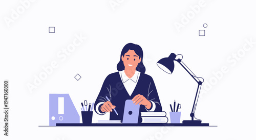 Woman working at desk with laptop, books, and lamp, illustration