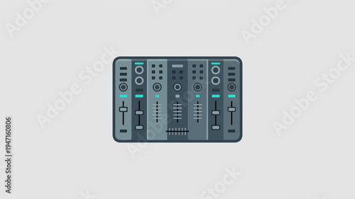 Audio mixer control panel with multiple faders and buttons for sound engineering and music production in a studio