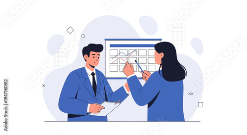 Business meeting: colleagues discussing financial graph on whiteboard, teamwork, strategy