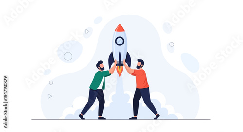 Teamwork Launching Rocket Ship, Business Startup Concept