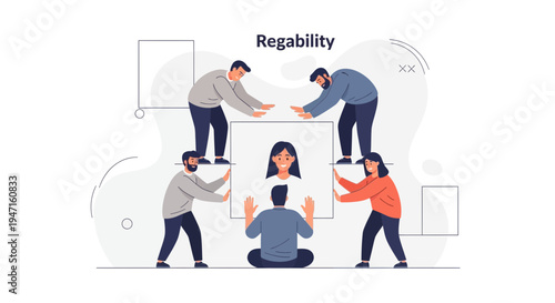 Teamwork assembling a portrait, concept of collaboration and unity, 'Regability' text