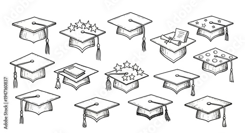 Set of Hand Drawn Graduation Caps and Academic Hats