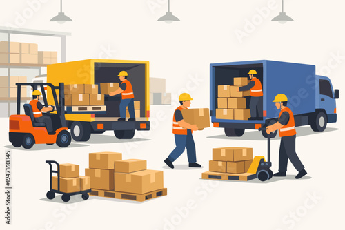 Warehouse workers loading cardboard boxes into delivery trucks for shipping. Logistics team using forklift and pallet jack to move goods. Supply chain and distribution flat vector illustration.