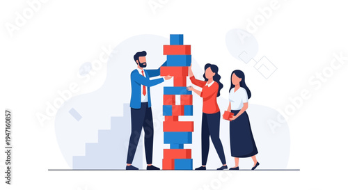 Teamwork building tower of blocks, business strategy and collaboration concept