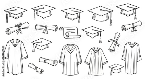 Hand Drawn Graduation Elements Set with Caps Gowns and Diplomas