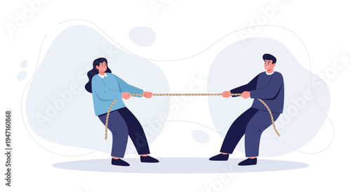 Man and Woman Tug of War, Competition, Conflict, Teamwork, Struggle, Vector Illustration