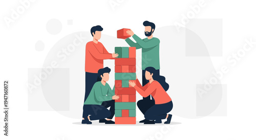 Teamwork Building Tower Blocks Together, Collaboration and Strategy Concept