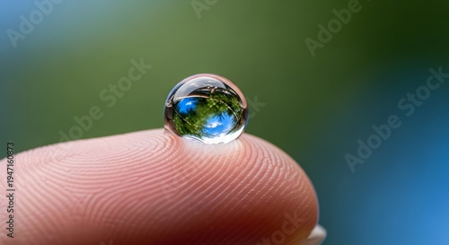 World water day precious water droplet on finger reflecting nature