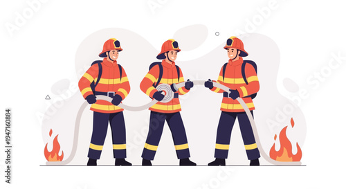 Firefighters in action: Three firefighters with hose battling flames, illustration