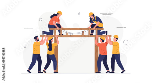 Teamwork building structure, construction workers collaborating on project, unity and support