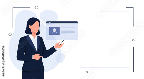 Businesswoman presenting profile page on digital screen, professional presentation concept