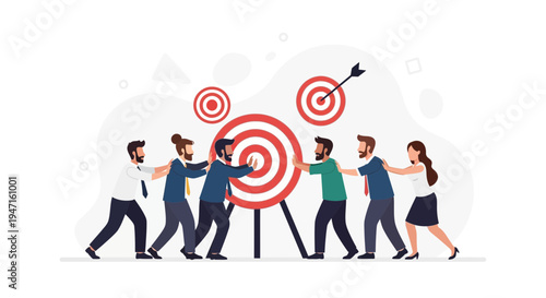 Teamwork pushing target board towards success, business goals, collaboration, strategy, achievement