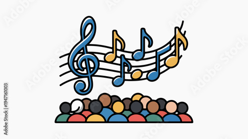 Diverse crowd enjoying live music performance with colorful notes and treble clef symbol