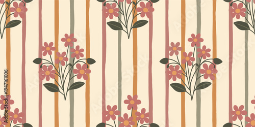 Seamless pattern of pink flowers and vertical stripes