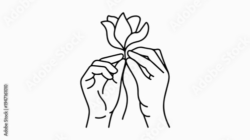 Hands holding a delicate flower with petals unfolding symbolizing growth and care in a simple line drawing