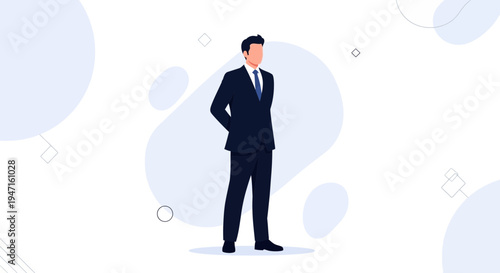 Businessman Standing Confidently in a Dark Suit with Blue Tie, Minimalist Background