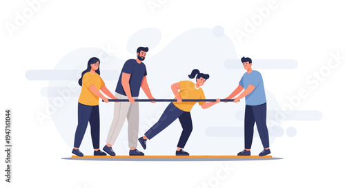 Teamwork Tug of War: Four people pulling a rope, illustrating collaboration and effort