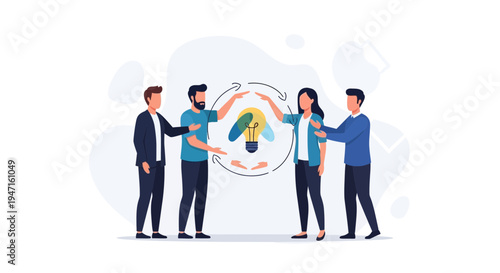 Teamwork and innovation: people collaborating around a bright lightbulb idea