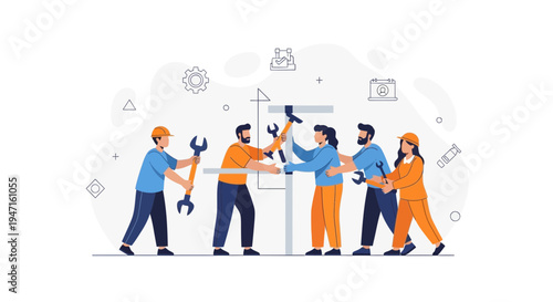 Teamwork concept: Diverse group of people working together with tools