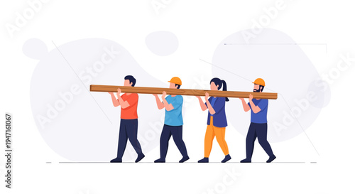 Teamwork: Diverse people carrying heavy wooden beam together, construction concept