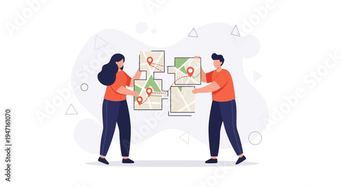 Teamwork assembling map puzzle with location pins, travel planning concept