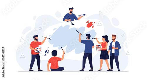 Diverse group of artists painting together, collaborative creativity, modern flat illustration