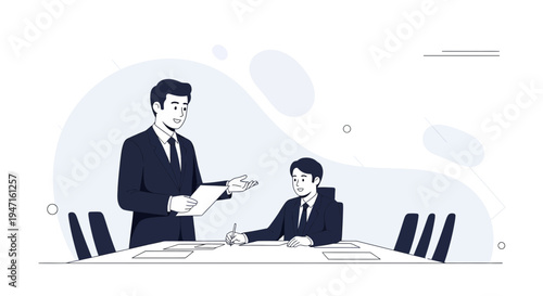 Business meeting: two men in suits discussing documents at a conference table