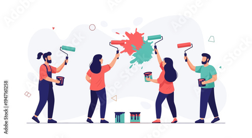 Team painting wall with rollers and paint cans, creative renovation concept